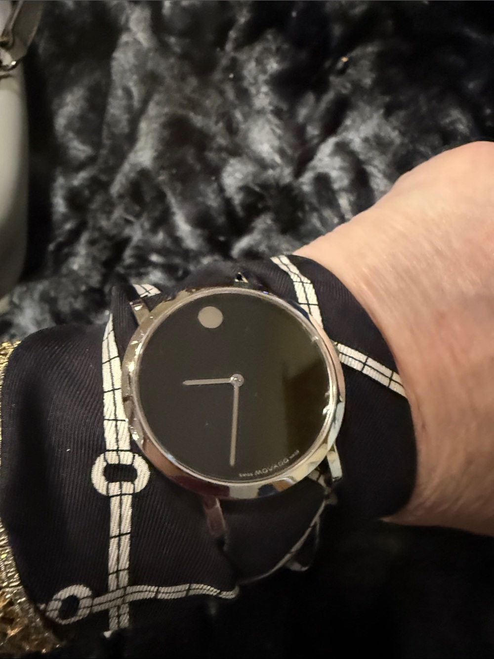 Movado Black Dial Stainless Steel Minimalist Watch with silk scarf band NWOT OS